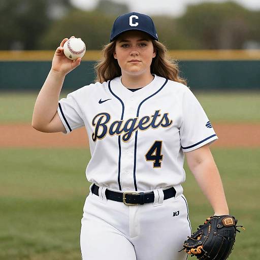 Photograph of a young, Caucasian female baseball player with long brown hair, wearing a white 