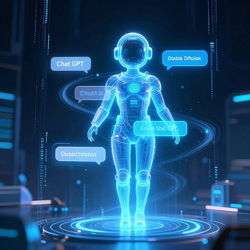 Neon blue holographic humanoid figure with speech bubbles labeled 