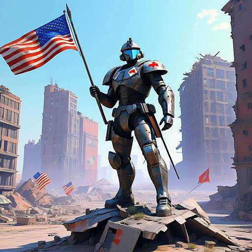 Cyborg Holding American Flag in Dystopian City