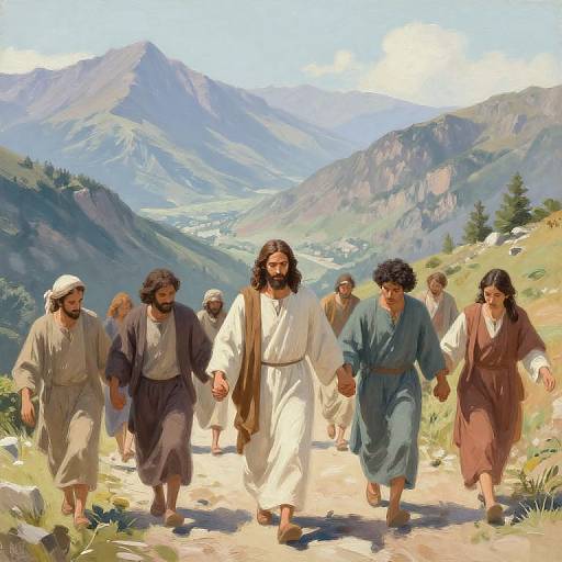 Jesus Walking with Followers on Mountain Trail