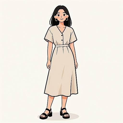 Smiling Woman in Beige Midi Dress