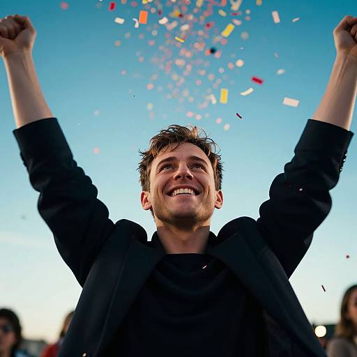 Photograph of a smiling, brown-haired man with raised arms, wearing a black shirt, amidst colorful confetti against a clear blue sky.