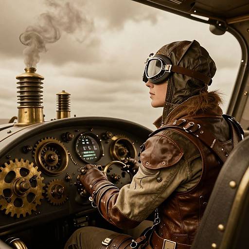 Steampunk pilot in goggles and leather helmet, steering complex gear-filled dashboard, with steam rising from a pipe, under cloudy sky.