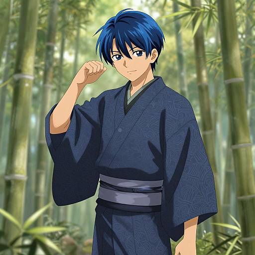Anime-style digital illustration of a young man with blue hair and blue yukata, standing in a sunlit bamboo forest, raising his right fist.