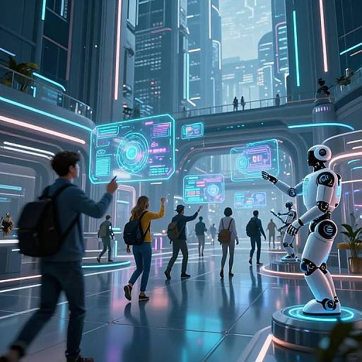 Cyberpunk futuristic lobby with neon lights, holographic displays, humanoid robot, and people interacting. Modern, tech-savvy, and vibrant atmosphere