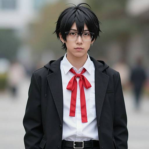 Photograph of an androgynous young Asian man with black hair, glasses, wearing a black jacket, white shirt, red bow tie, and