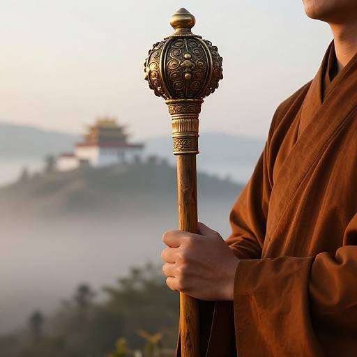 Photograph of a person in a brown robe holding an ornate, gold-tipped staff, with a misty mountain temple in the background.