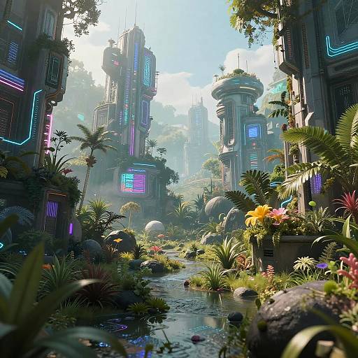 Digital art of a futuristic cityscape with neon lights, lush greenery, vibrant flowers, and a small, flowing stream between towering, tech-infused