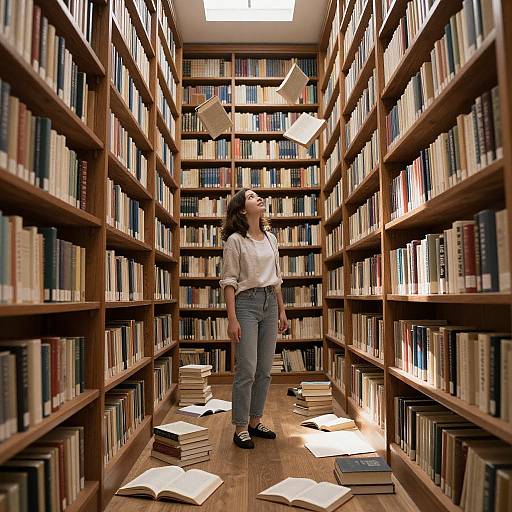 Photograph of a woman with curly hair, white blouse, and blue jeans, standing in a wooden library aisle with open books and shelves, looking up