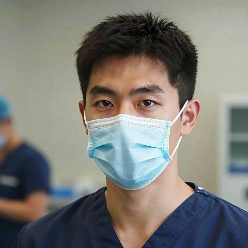 Photograph of an Asian male with short black hair, wearing a blue surgical mask and navy scrubs, in a clinical setting.