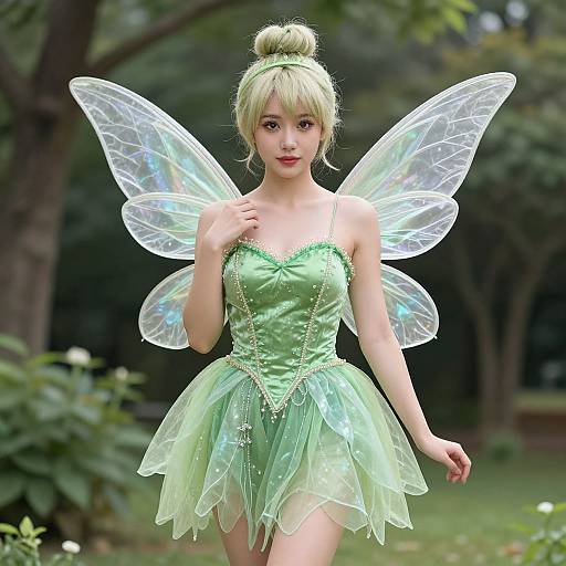 Digital artwork of a blonde fairy with green eyes, wearing a green, sparkling bodice and tulle skirt, and translucent wings, standing in a lush
