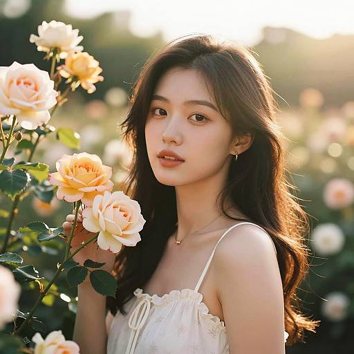Serene Woman Amidst Blooming Roses