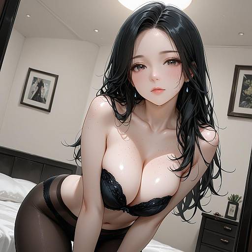 Woman in Black Lingerie and Pantyhose Indoors