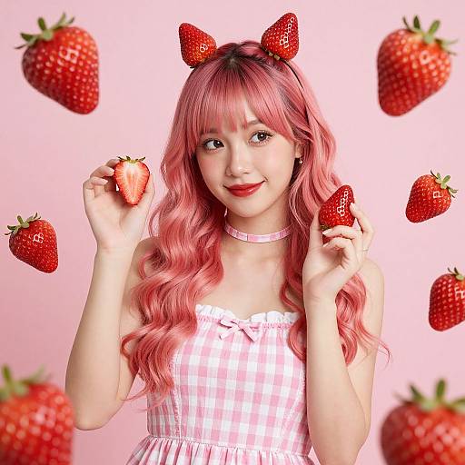 Digital art: Pink-haired girl with strawberry headband, red lipstick, checkered dress, holding strawberries, surrounded by floating strawberries, pink background.