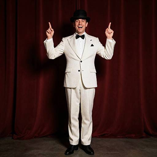 Man in White Suit and Bowler Hat Pointing Upward