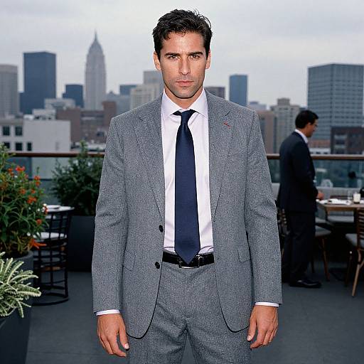 Photograph of a handsome man with dark hair, wearing a gray suit, white shirt, and black tie, standing on a rooftop with city skyline background