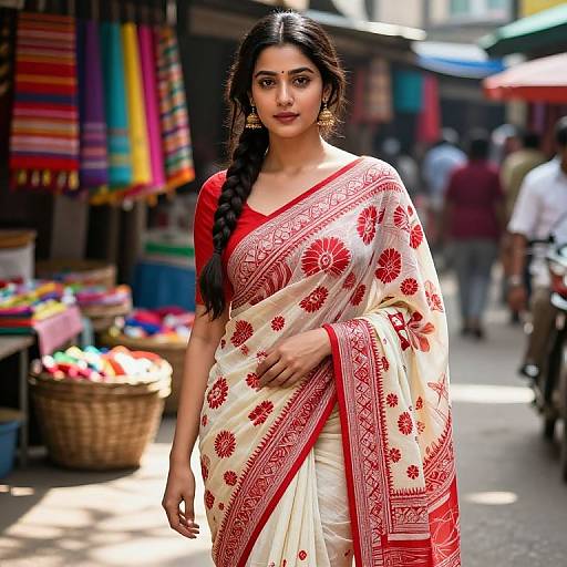 Photograph of an Indian woman with long black hair in a braid, wearing a white saree with red floral patterns, red blouse, and gold