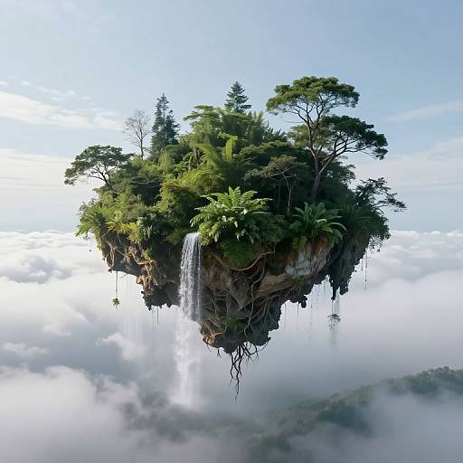 Photorealistic CGI: Floating island with lush green trees, cascading waterfall, surrounded by clouds, under a clear blue sky.