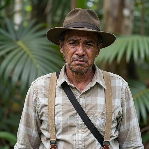 Bruised Man in Jungle with Fedora