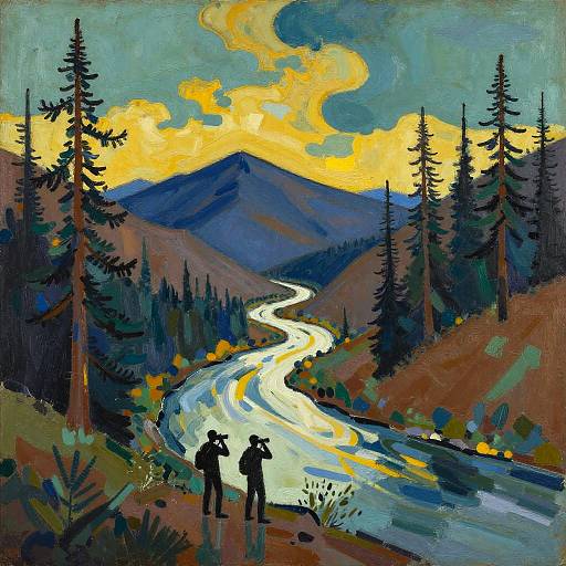 Abstract Mountain Landscape with Birdwatchers