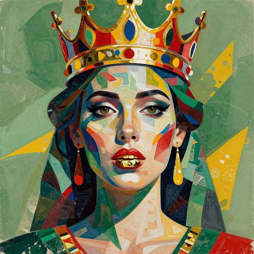 Digital painting of a regal woman with a colorful crown, red lips, dark eyes, and gold earrings, set against a green abstract background. Vibr