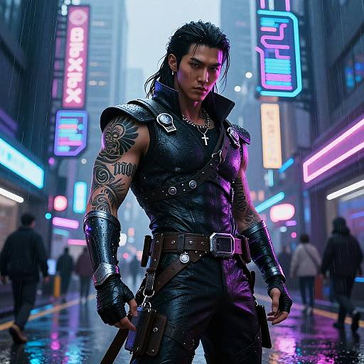 Cyberpunk street scene: Muscular man with black leather armor, tattoos, and wet hair stands under neon lights, rain falling, cityscape blurred