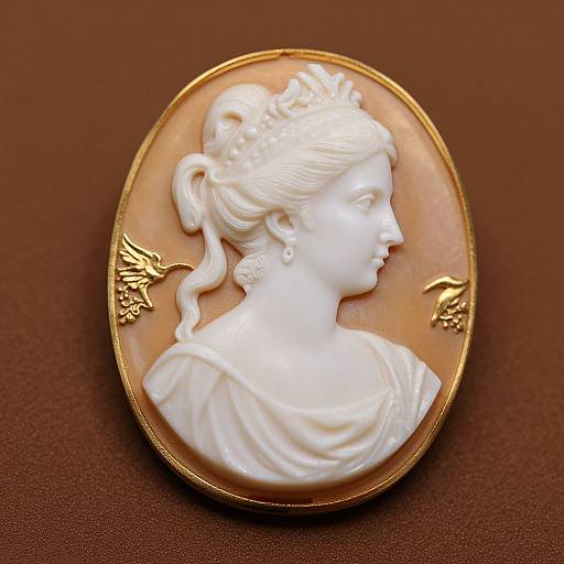 Photograph of an intricately carved, white cameo brooch depicting a side profile of a woman with a bun, gold accents, and small wing motifs