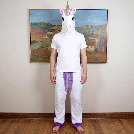 Photograph of a man standing in front of a landscape painting, wearing a unicorn mask, white t-shirt, white pants with purple cuffs, and bare