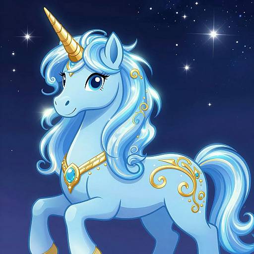 Digital illustration of a glowing blue unicorn with a golden horn, flowing white-blue mane, and tail, adorned with gold jewelry, set against a starry