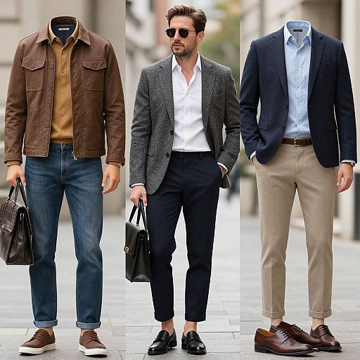 Photograph of three men's outfits: brown leather jacket, blue jeans, brown shoes; gray blazer, white shirt, black pants, black shoes