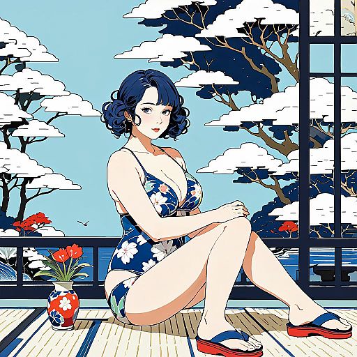 Ukiyo-e Inspired Sunbather in Arctic Blue