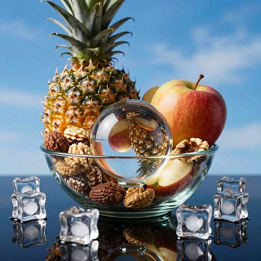 Glass Bowl with Pineapple, Apple, Nuts and Glass Orb