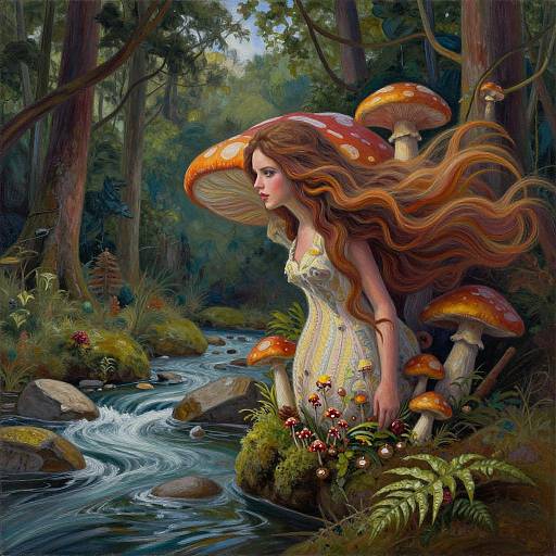 Digital fantasy painting of a red-haired fairy in a yellow dress, standing beside a stream with giant mushrooms in a lush forest.