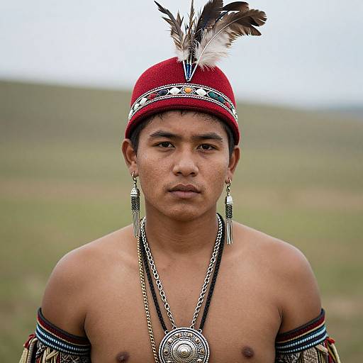Photograph of a young, shirtless Indigenous man with tan skin, wearing a red feathered hat, long earrings, and traditional necklace, set against