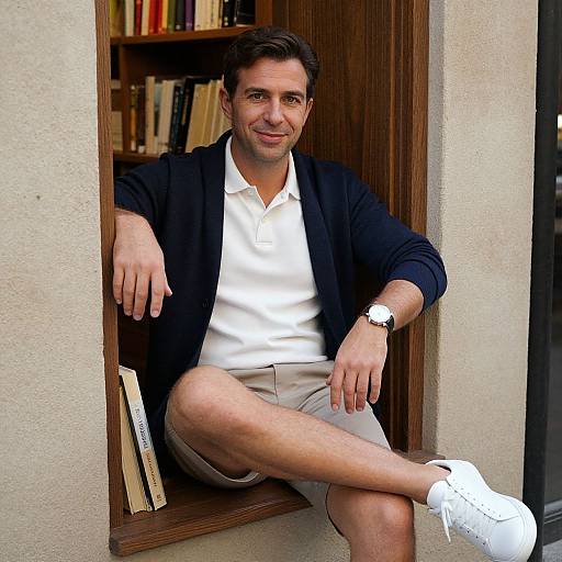 Photograph of a smiling, fair-skinned man with dark hair, wearing a black blazer, white polo, beige shorts, and white sneakers,