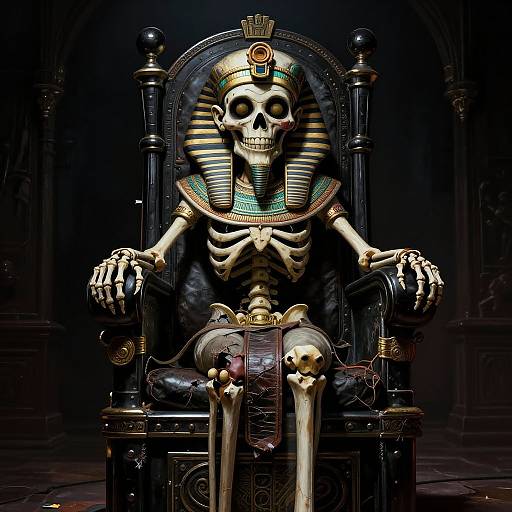 Photorealistic digital artwork of a skeletal Anubis figure with an Egyptian throne, striped headdress, and intricate gold and green collar, seated with