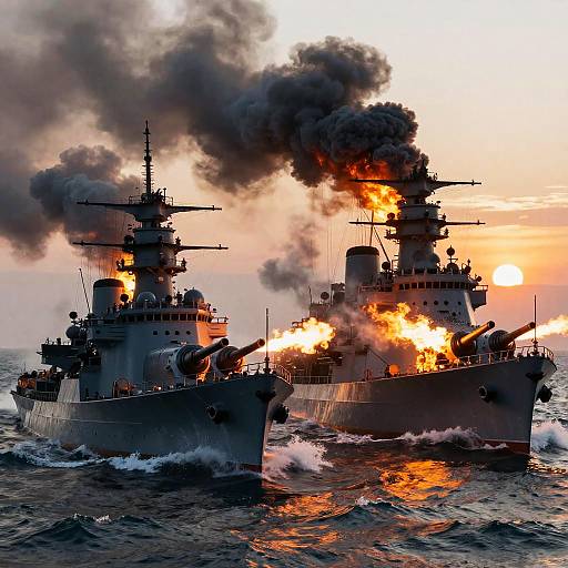 Battleships Firing at Sunset