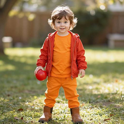 Photograph of a cute toddler with curly brown hair, wearing an orange outfit, red jacket, and brown boots, holding a red ball, standing on