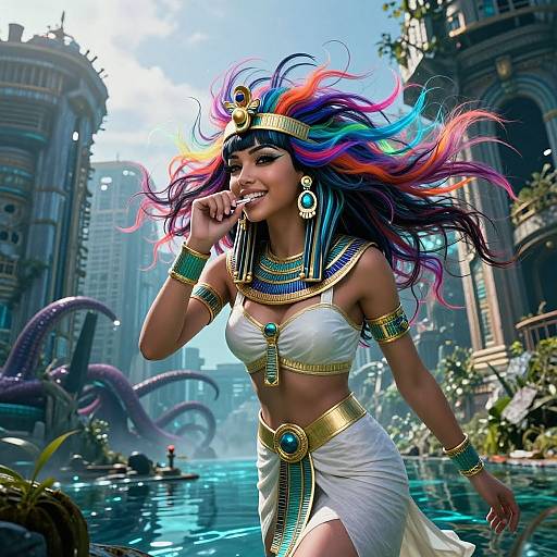 Digital art of an exotic, smiling woman with multicolored hair, wearing Egyptian-inspired white attire and jewelry, standing in a futuristic, tentacled