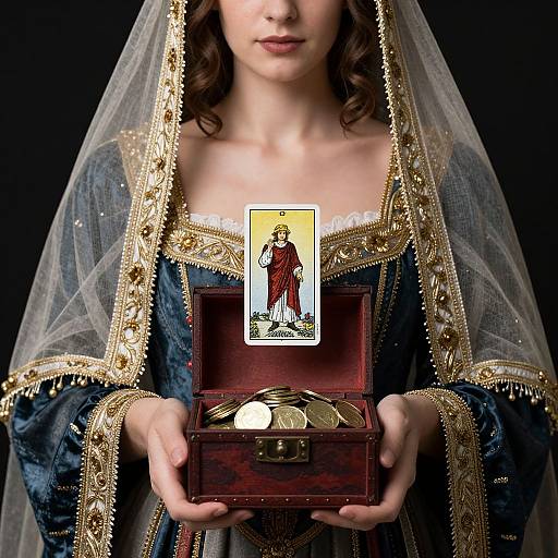 Photograph of a woman in ornate blue and gold medieval-style dress with veil, holding an open wooden box containing a tarot card of a ro