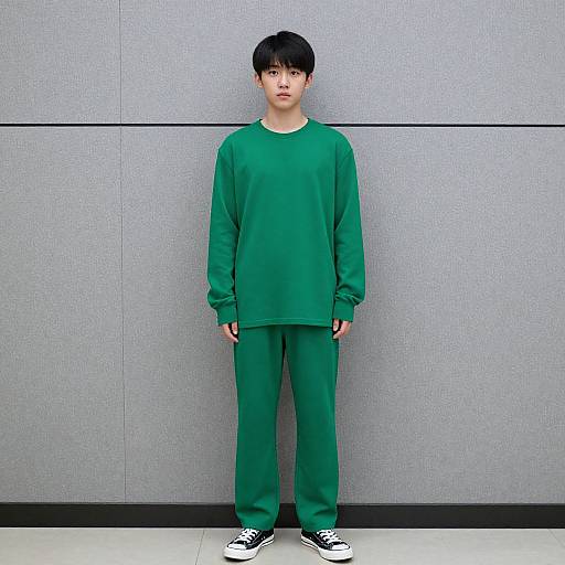 Photograph of an East Asian male with short black hair, wearing a green sweatshirt and matching green pants, black and white sneakers, standing against a