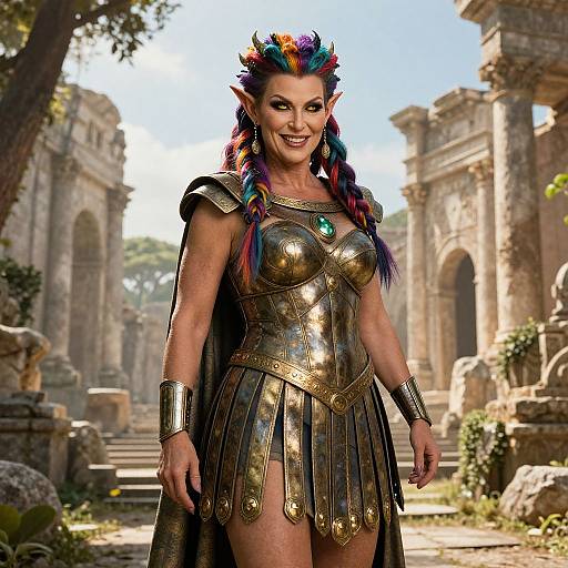Digital fantasy artwork of a muscular, smiling, elfish woman with rainbow hair, golden armor, and a gemstone necklace, standing in a sunlit