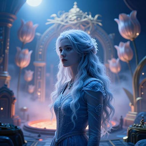 Digital fantasy artwork of a young, fair-skinned woman with long, wavy white hair, wearing a sparkly blue dress, standing in a mystical