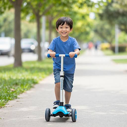 Joyful Boy Riding Blue Scooter