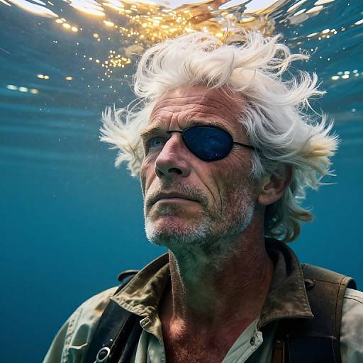 Photograph of an older man with white curly hair, dark sunglasses, and a beard, underwater with sunlight above, wearing a brown vest over a beige