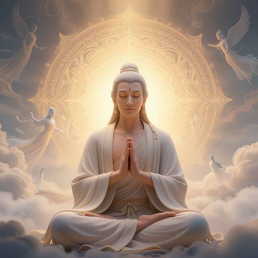 Photorealistic digital artwork of a serene, fair-skinned, long-haired woman in white robes, meditating with hands in prayer, surrounded by angels