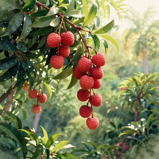 Photograph of vibrant red, spiky fruit clusters hanging from a tree branch with lush green leaves, set against a sunlit, blurred forest background.