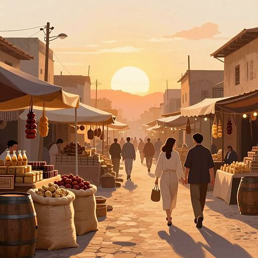Photograph of a sunlit, bustling outdoor market at sunset, with people walking, stalls selling fruits, cheeses, hanging sausages, and warm