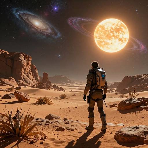 Photograph-style digital artwork: Astronaut with backpack and gear stands in desert, facing giant sun, with galaxies and distant stars in night sky.