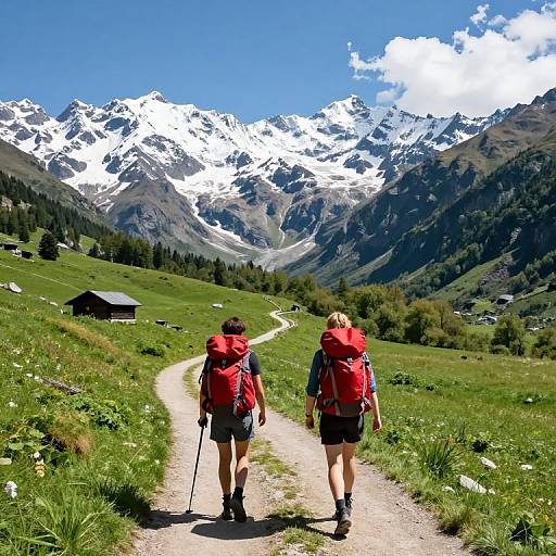 Photograph of two hikers with red backpacks walking on a dirt path towards snowy mountain peaks under a bright blue sky.